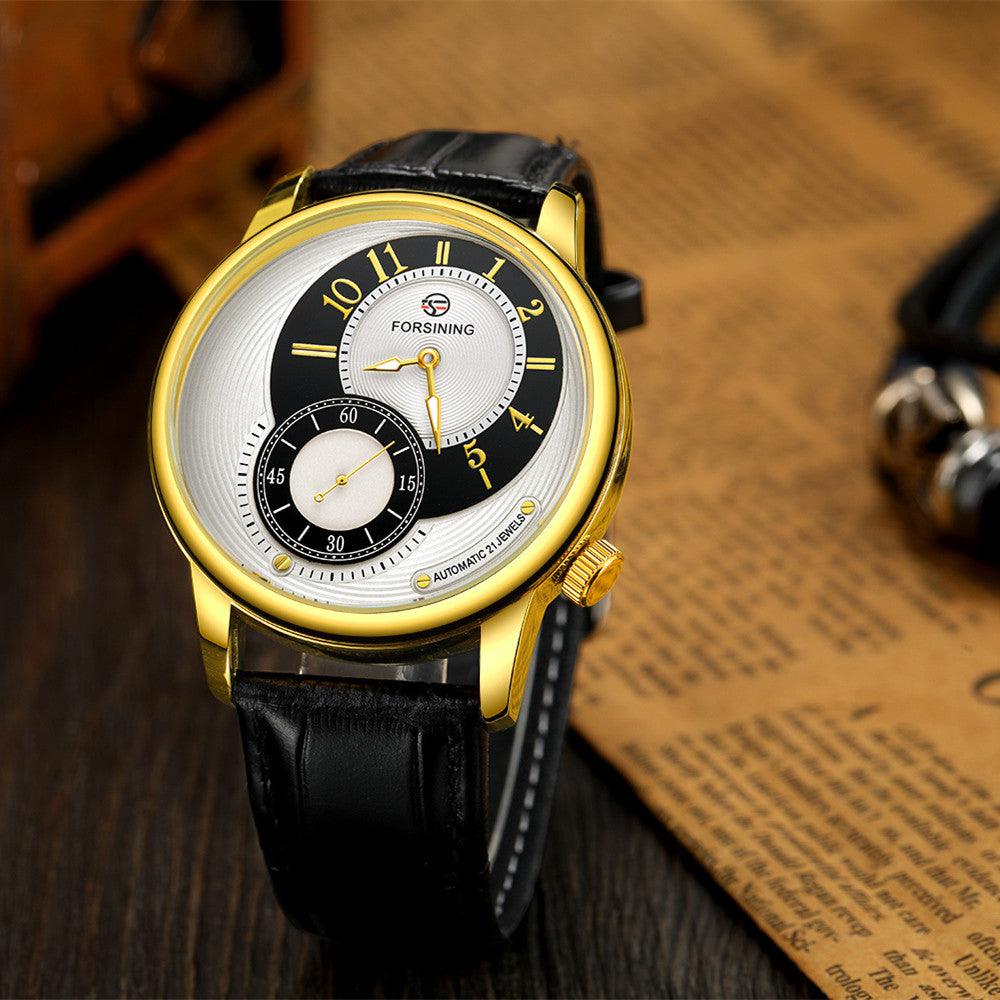 Men's mechanical watch with gold case, black dial, and black leather strap