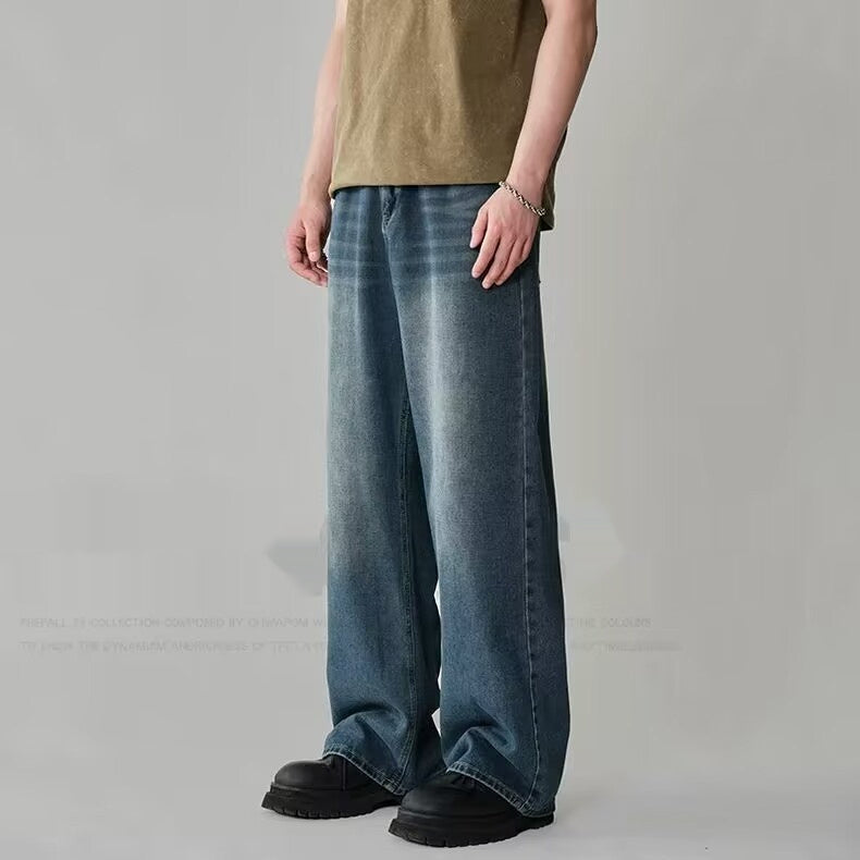 Mens Straight-Leg Relaxed-Fit Vintage Blue Denim Jeans In American Style