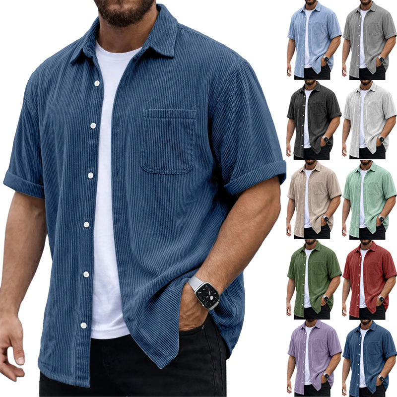 Blue corduroy short-sleeve button-up shirt with chest pocket and white buttons