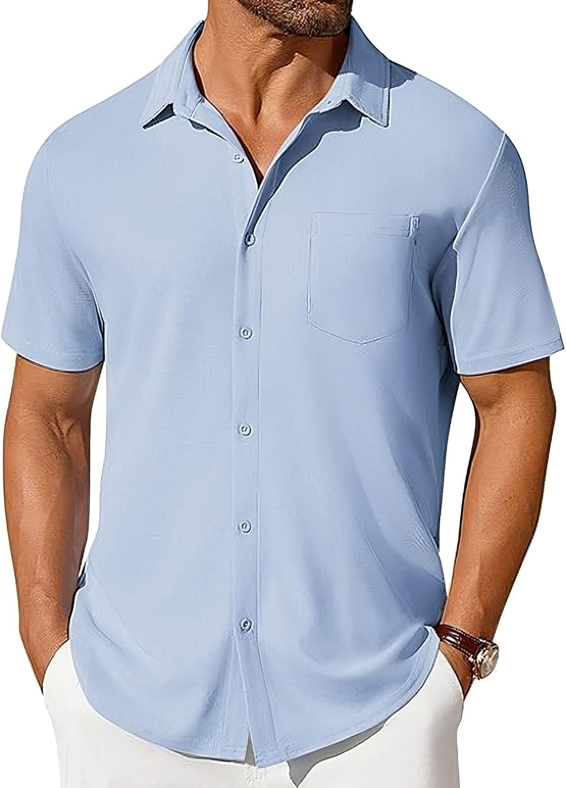 Short-sleeve button-up shirt, light blue with spread collar and chest pocket