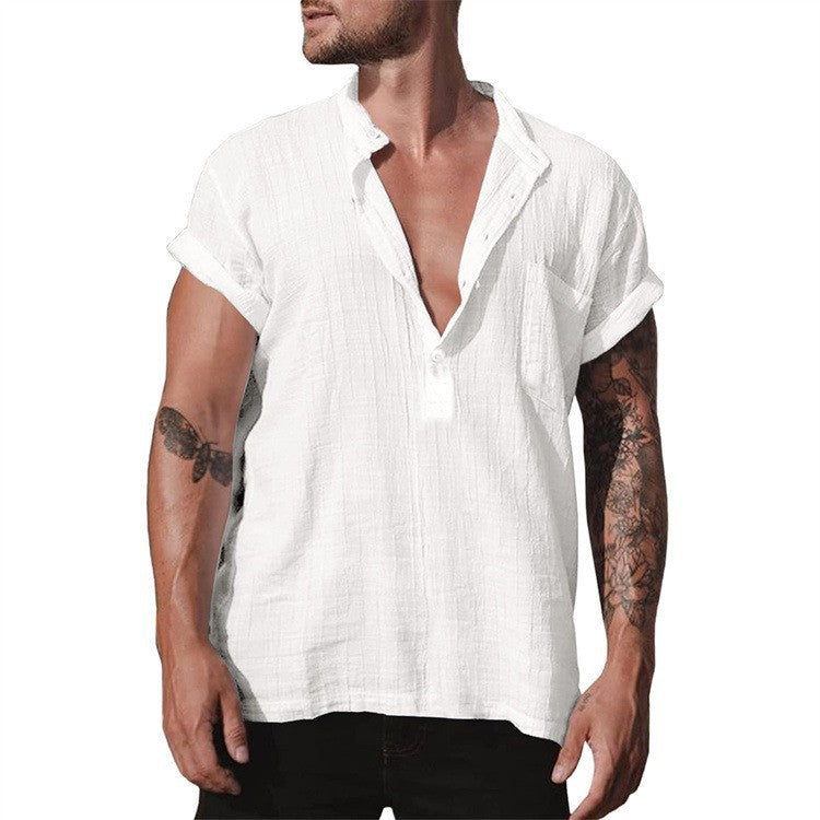 Loose Stand Neck Solid Color Pocket Short Sleeve Shirt - WOMONA.COM