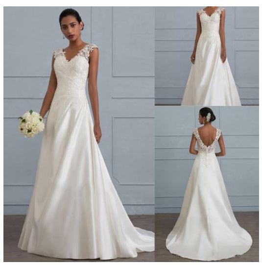 White lace V-neck A-line wedding dress, back and front views with long full skirt