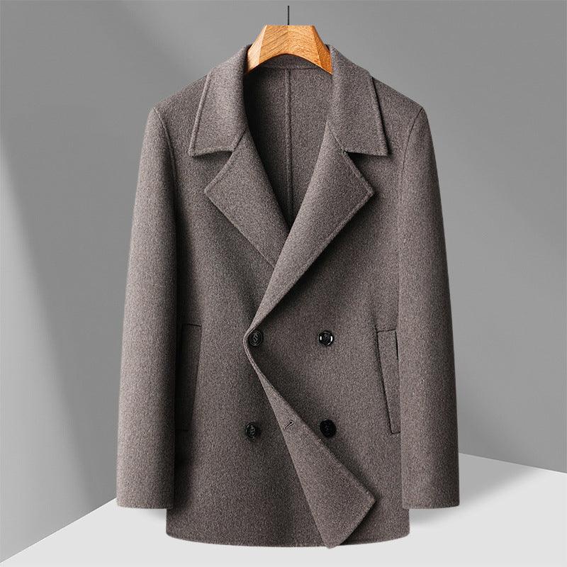 Taupe wool overcoat with notch lapels and double-breasted button closure