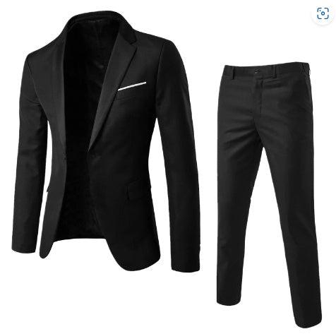 Black slim-fit suit jacket and trousers, notch lapel and chest pocket.