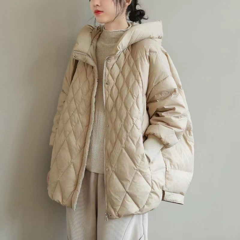 Diamond Lattice Artistic Loose White Duck Down Jacket - WOMONA.COM