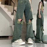 American Dark Green Torn Jeans With Wide Leg - WOMONA.COM