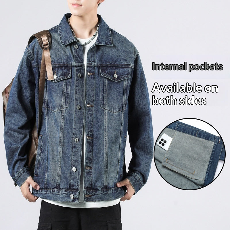 Men's denim jacket in dark blue with button front and chest flap pockets.