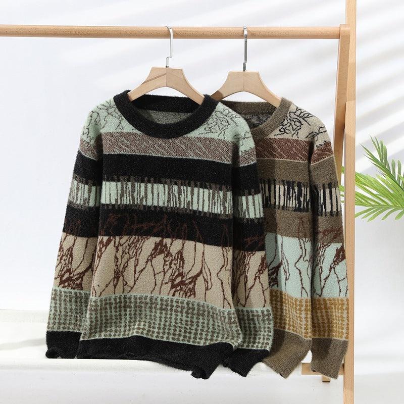 Men's knitted pullover with round neck, long sleeves, green and brown striped pattern