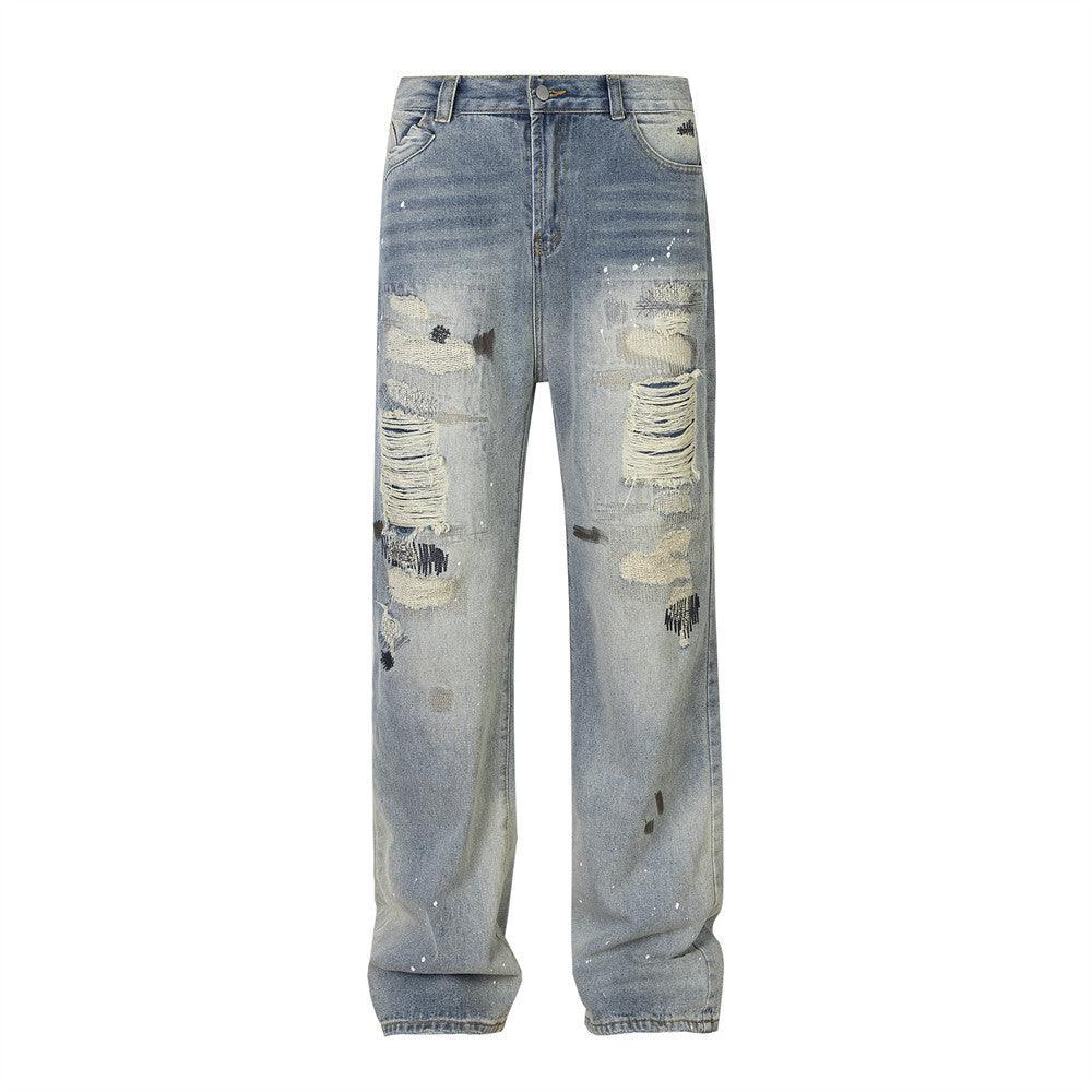 Loose Distressed Beggar Straight-leg Trousers Men And Women - WOMONA.COM