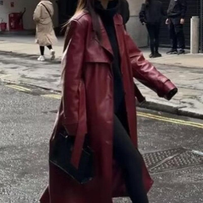 Women's Loose Fashion Long Leather Trench Coat - WOMONA.COM