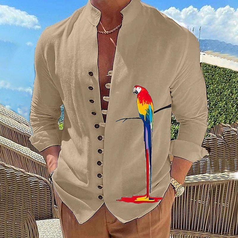 Men's casual button-up shirt, beige with colorful parrot 3D-style front print