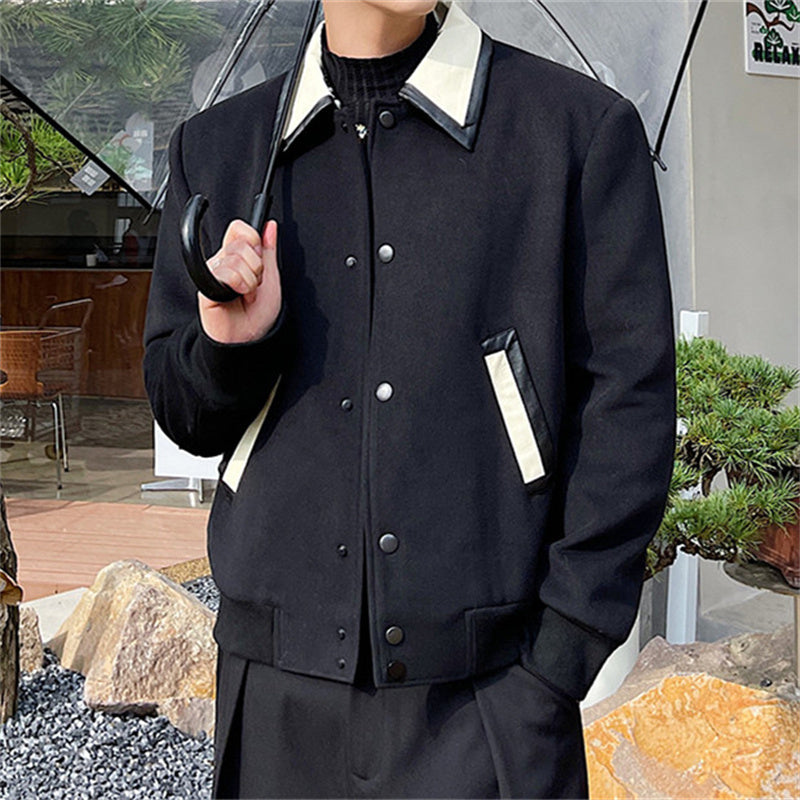 Men's Wool Contrast Leather Lapel Jacket - WOMONA.COM