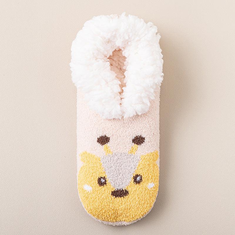 Non-slip lambswool socks with yellow-and-white bear face, fuzzy looped cuff