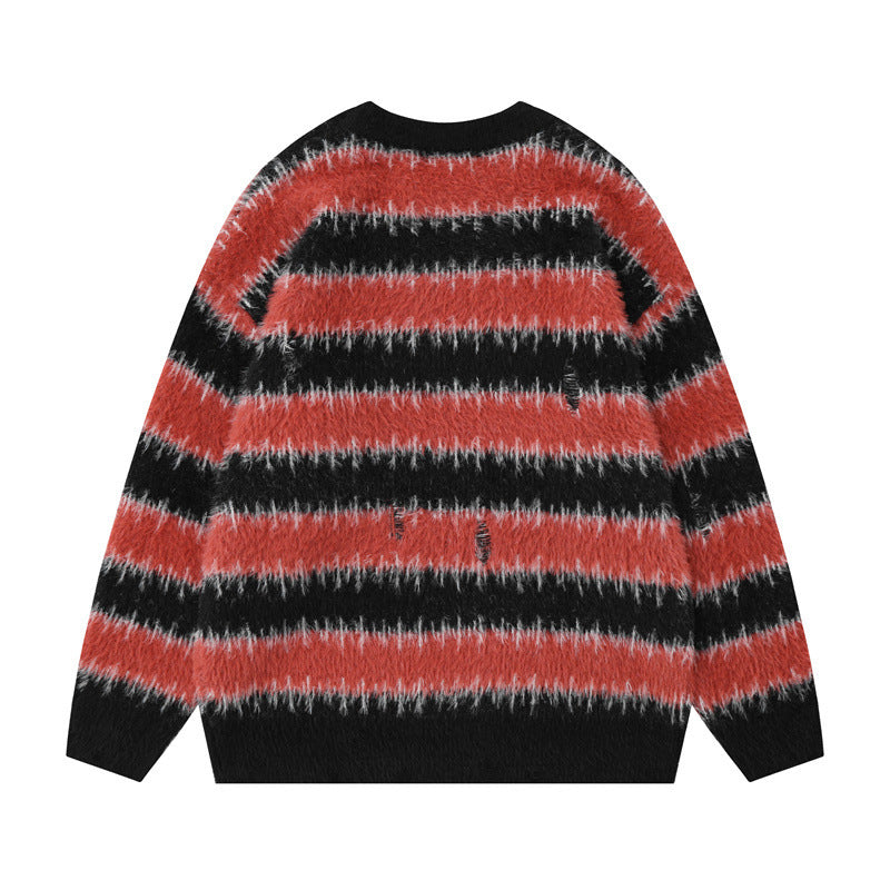 American Style Trend Contrast Color Striped Loose Sweater - WOMONA.COM