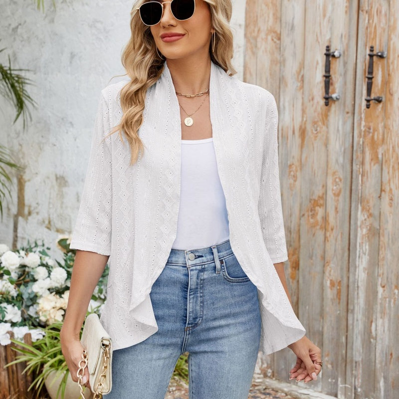 Women’s white open-front cardigan with textured eyelet knit, draped hem and 3/4 sleeves