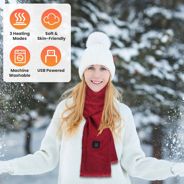 Red heated scarf for the neck with control patch, worn outdoors in cold weather