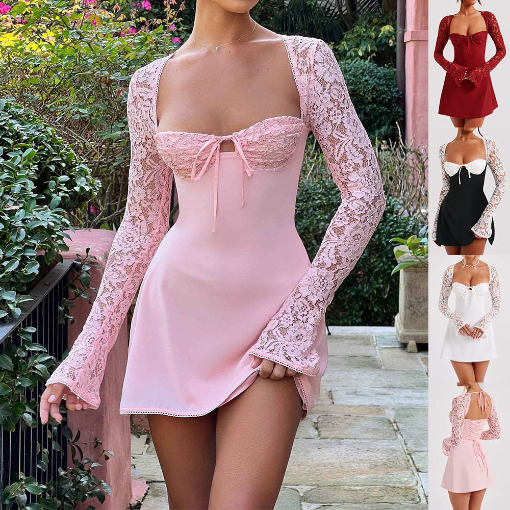 Women's long-sleeve lace-up lace mini dress – product image 1