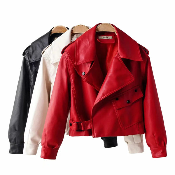 Lapel Short Motorcycle Leather Ladies Jacket - WOMONA.COM