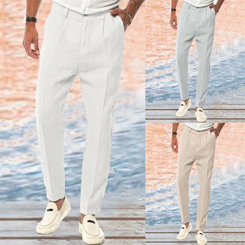 Men's straight linen pants with belt loops, zip fly, and front side pockets