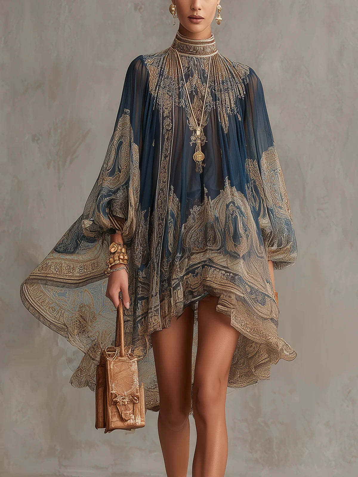 Navy blue high-neck printed chiffon dress with flared hem, long puff sleeves, gold paisley print