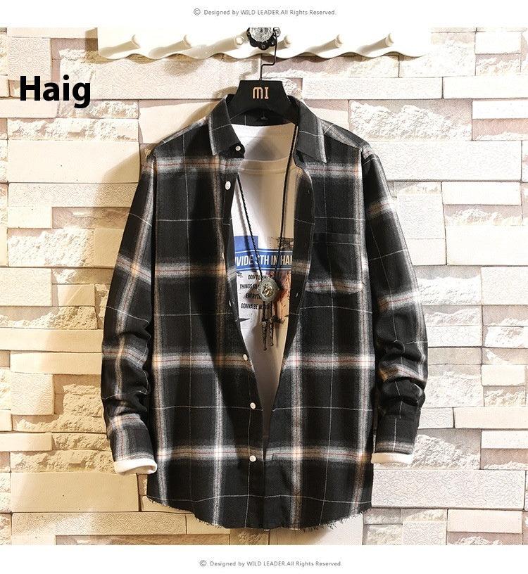 Men's black plaid button-up shirt, front view on hanger