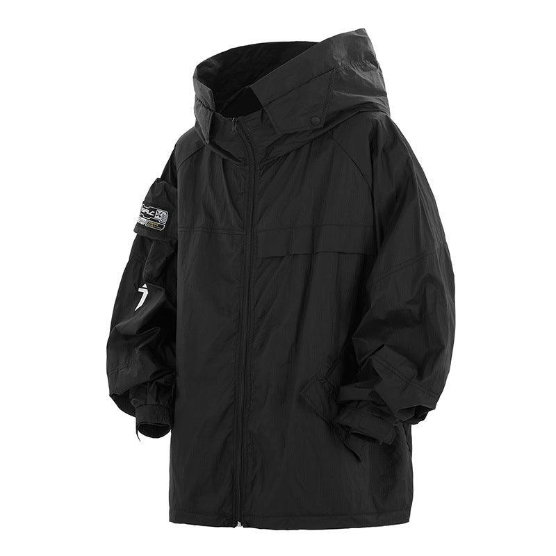 Men's hooded stand-collar coat in black, full-zip with front pockets and oversized hood