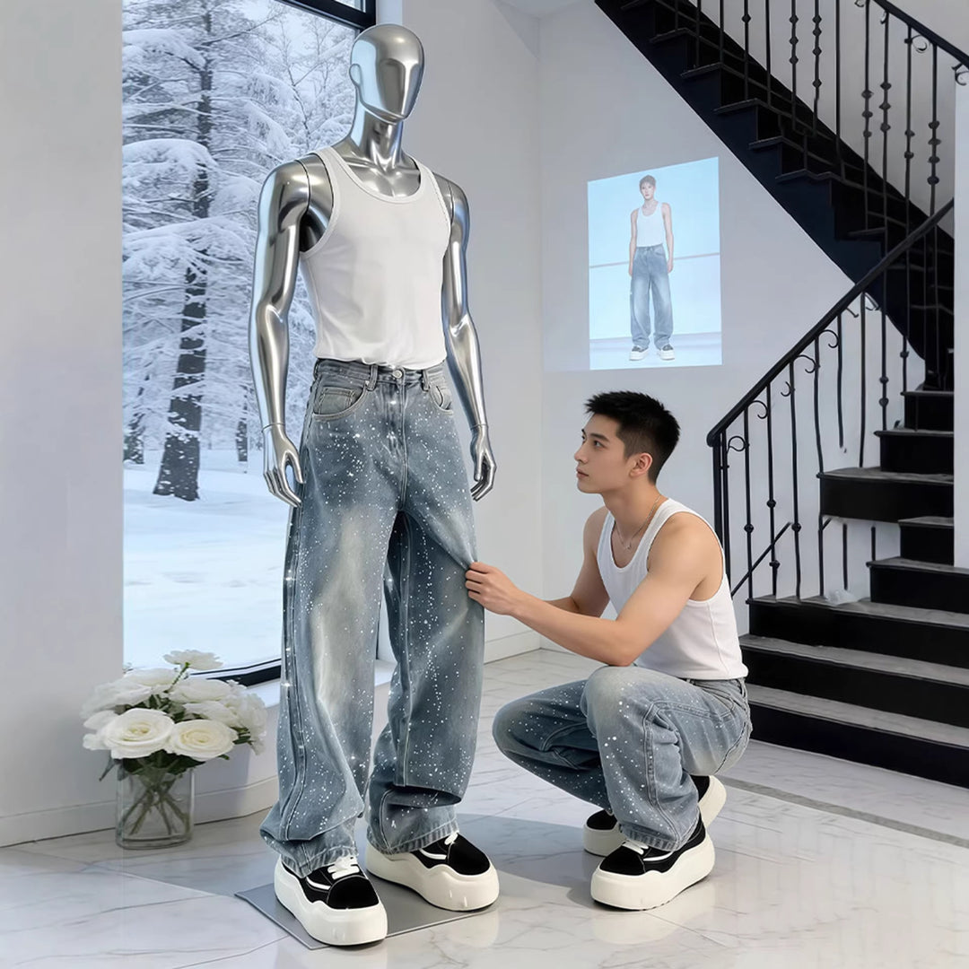 Hot-stone-embellished Jeans Mens Straight-leg Wide-leg Pants