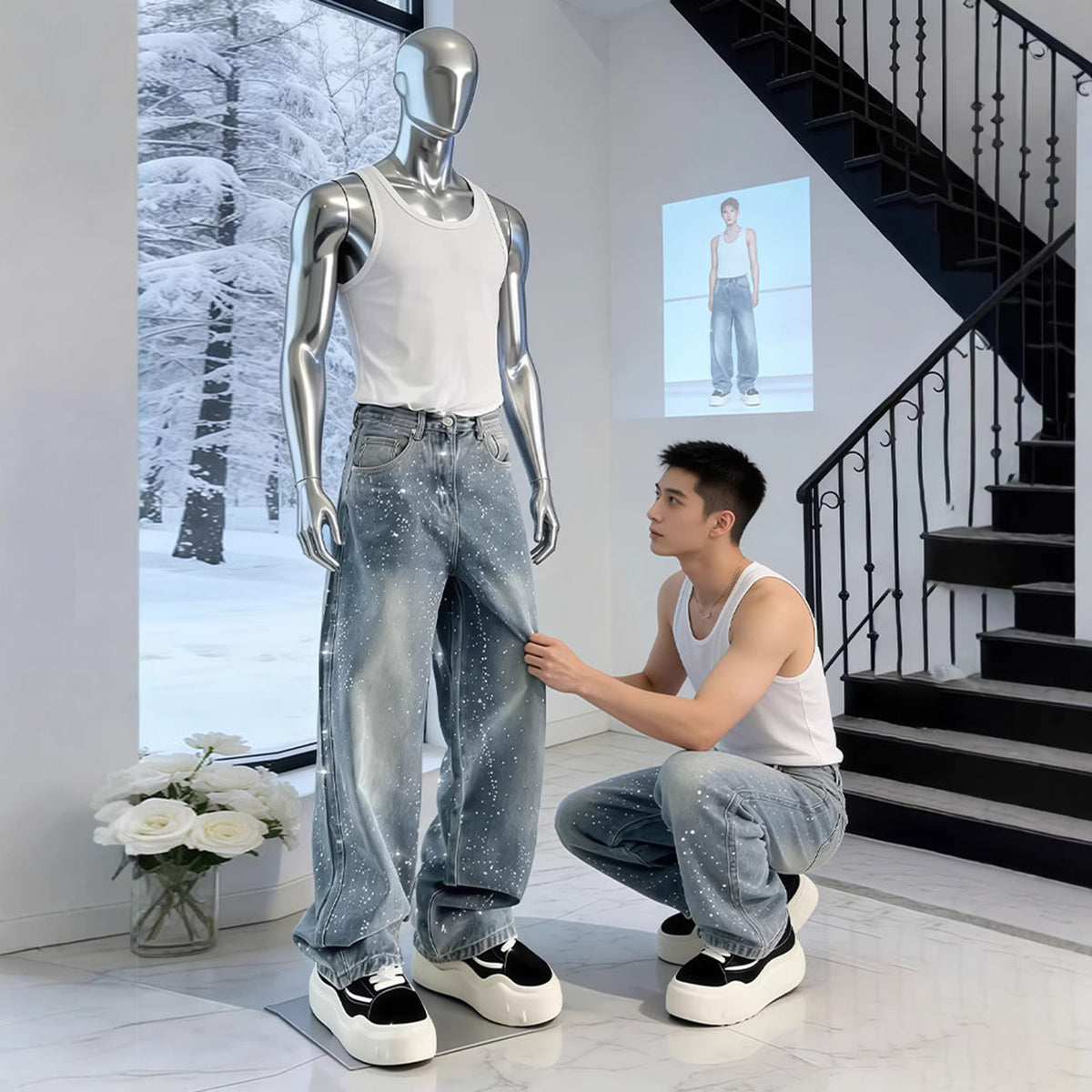Hot-stone-embellished Jeans Mens Straight-leg Wide-leg Pants