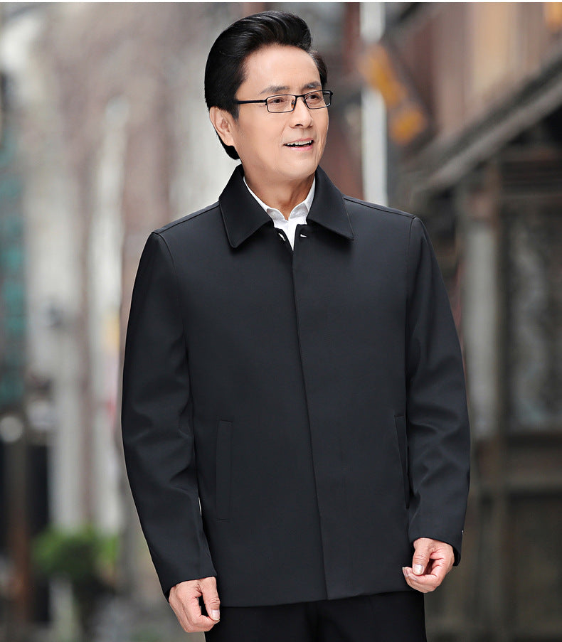 Men's black jacket with stand collar, button front, and long sleeves