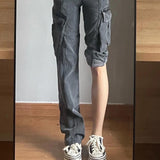 Gray Large Workwear With Pocket Jeans For Women - WOMONA.COM