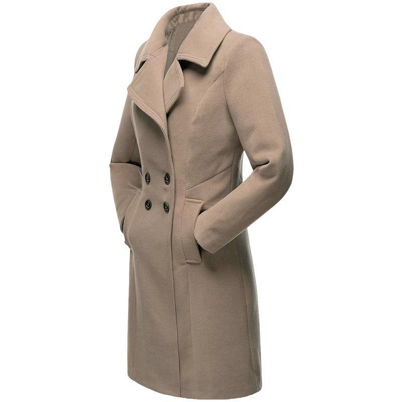 Taupe long wool women’s coat with wide lapels, double-breasted buttons, flap pockets.