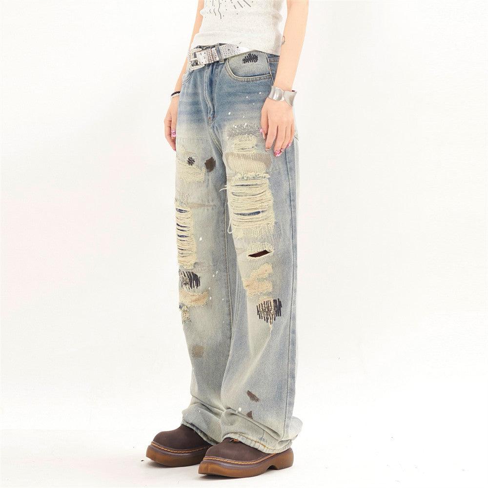 Loose Distressed Beggar Straight-leg Trousers Men And Women - WOMONA.COM