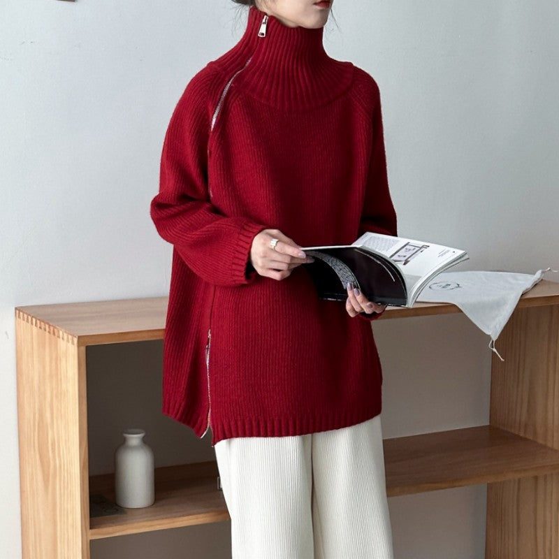 Women's Ribbed High-Neck Zip Sweater - product view 1