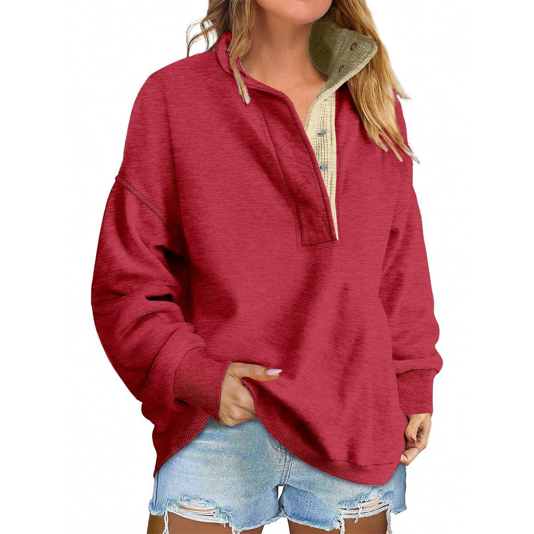 Women’s red loose pullover sweater, half-button placket, drawstring hood, kangaroo pocket