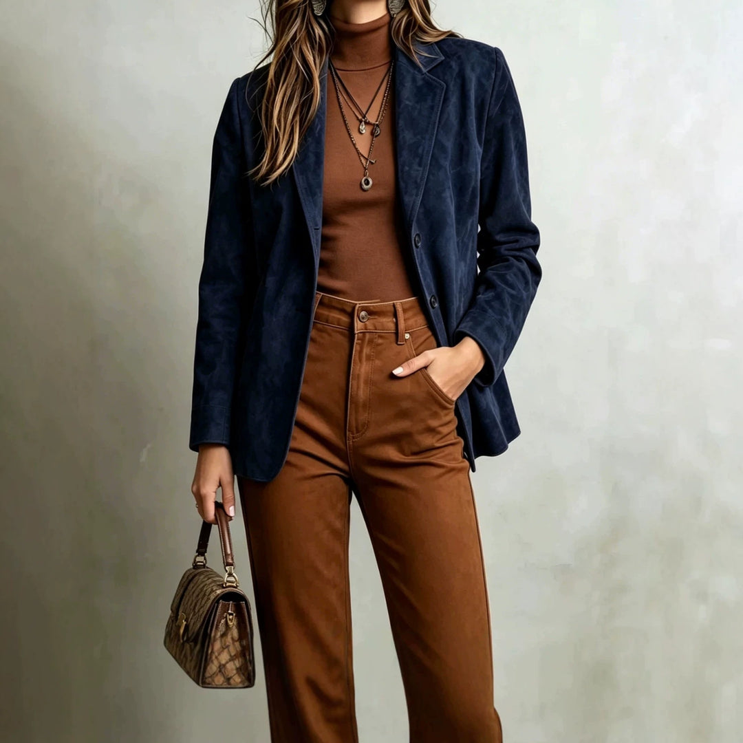 Women's faux suede single-breasted jacket in dark navy blue, notch lapel, long sleeves