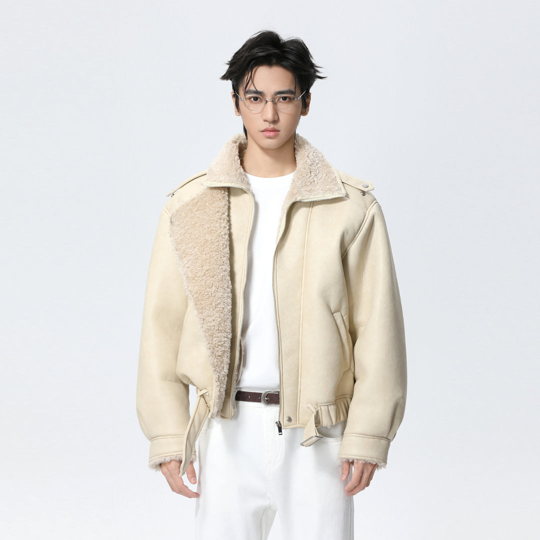 Beige fur-lined thick jacket with turn-down shearling collar and zip front.