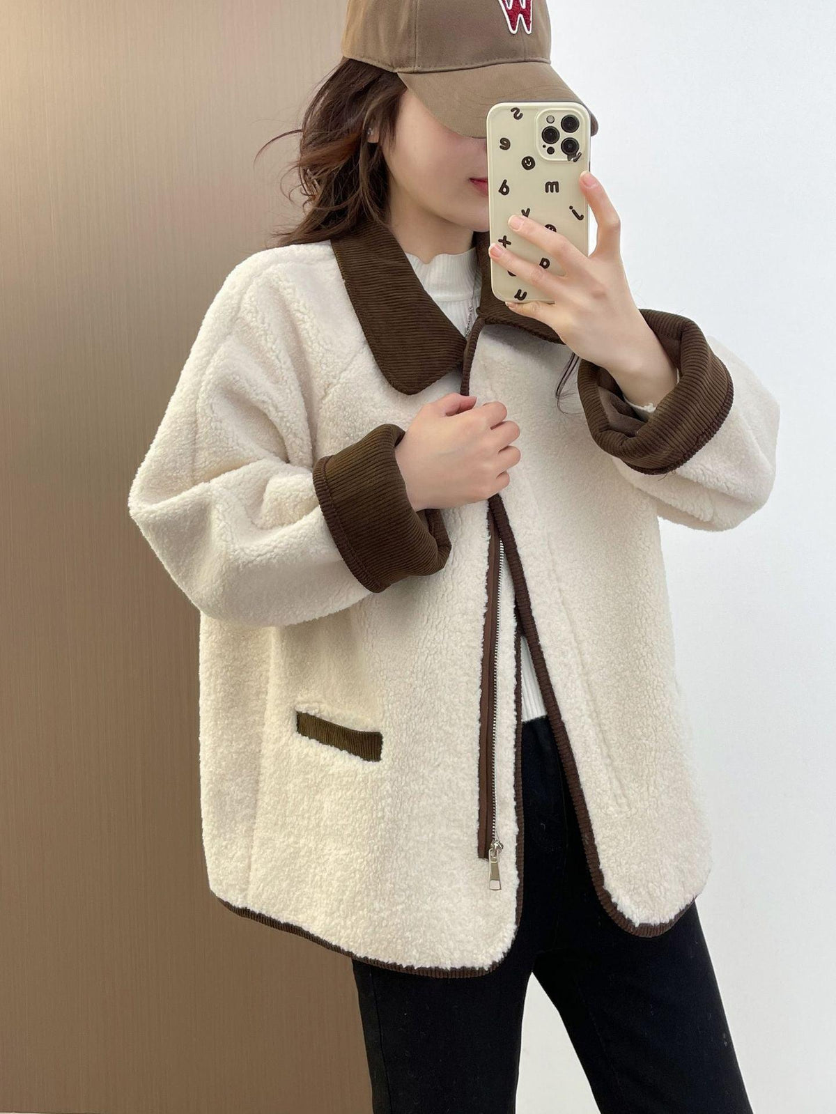 Women’s contrast lamb wool coat, cream with brown collar, cuffs, flap pockets