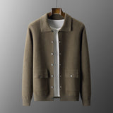 Men's Polo Collar Solid Color Wool Cardigan - WOMONA.COM