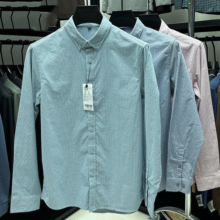 Men's long-sleeve button-up shirt in light blue fine grid, point collar