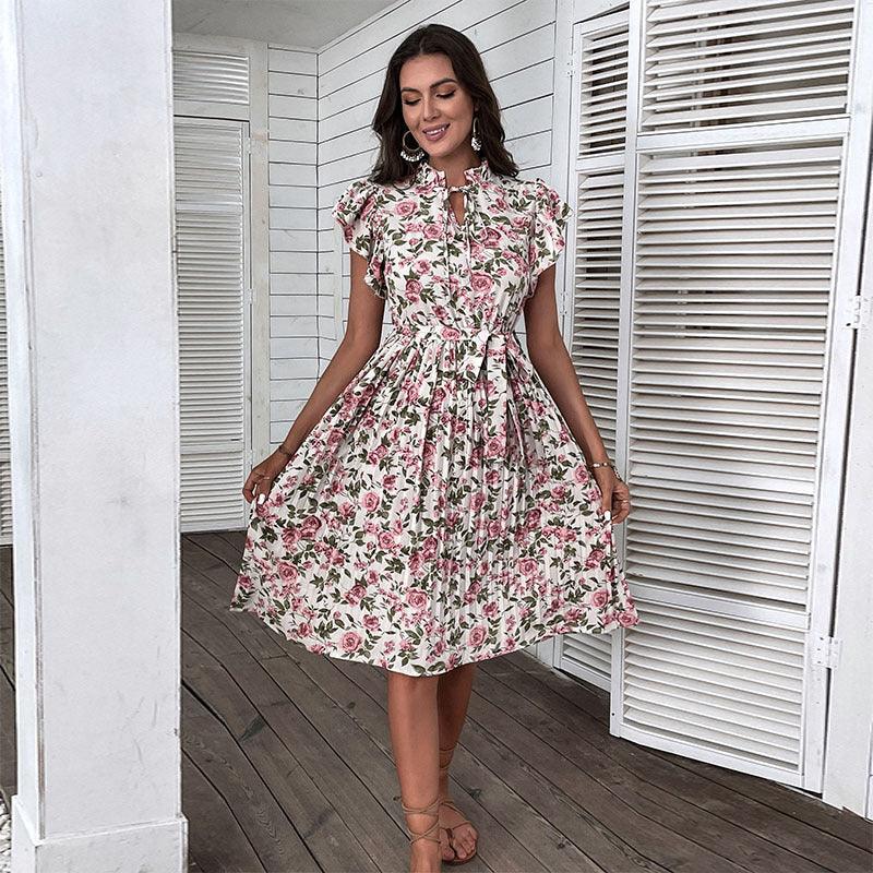 Vestido con volantes y mangas con encaje, estilo europeo y americano, con falda plisada y estampado floral