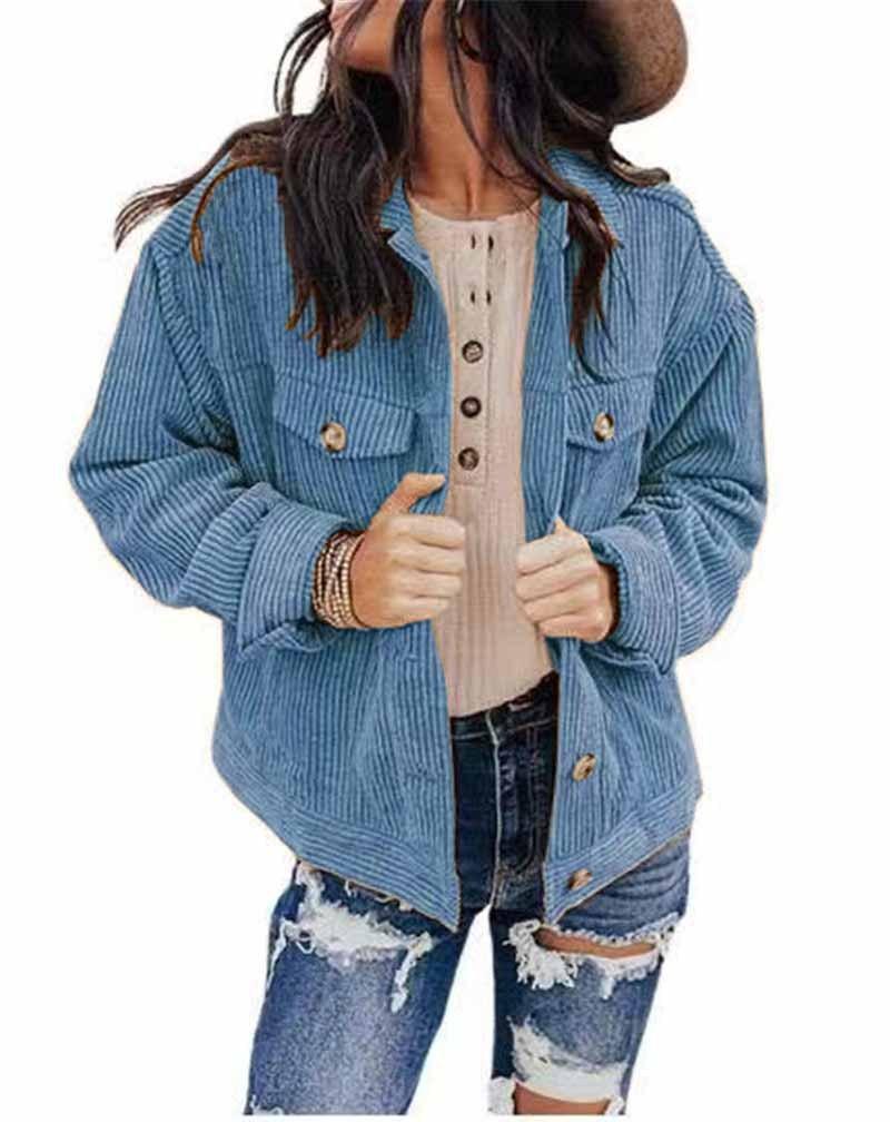 Women's solid color jacket in lake blue, button front with chest pockets and snap cuffs
