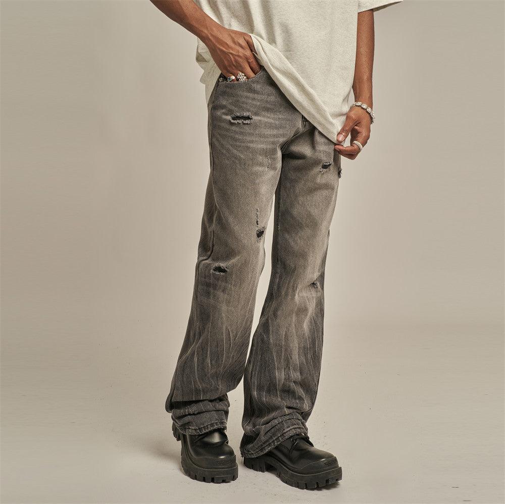 Men's Black-Grey Washed Ripped Jeans