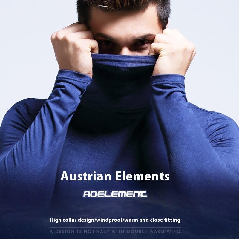 Sapphire blue long-sleeve thermal base shirt with high mock neck, close fit