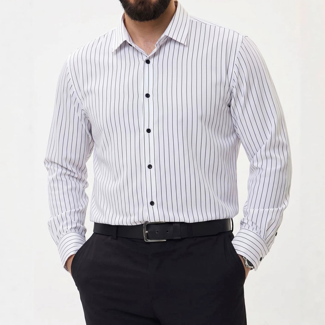 Men's long-sleeve button-up shirt in white with thin vertical black stripes