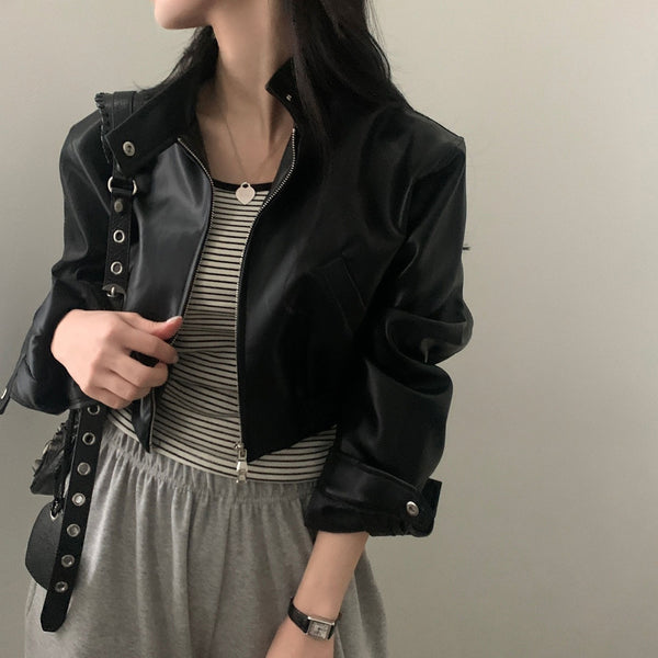 Elastic And Waisted Short Biker's Leather Jacket Women - WOMONA.COM