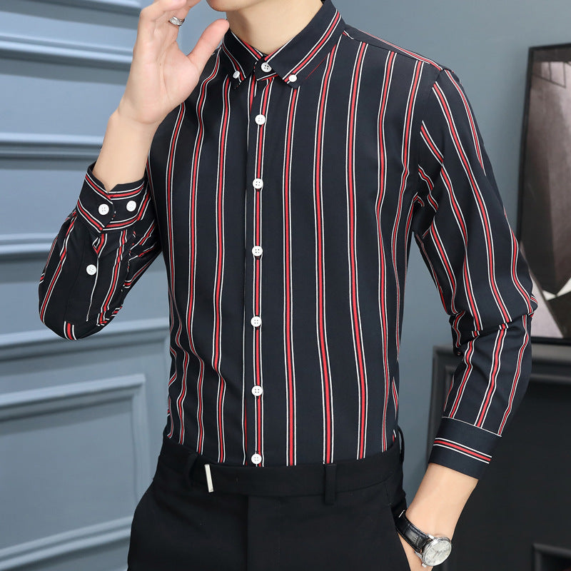 Mens long-sleeve striped shirt, black with red and gray vertical stripes and button front
