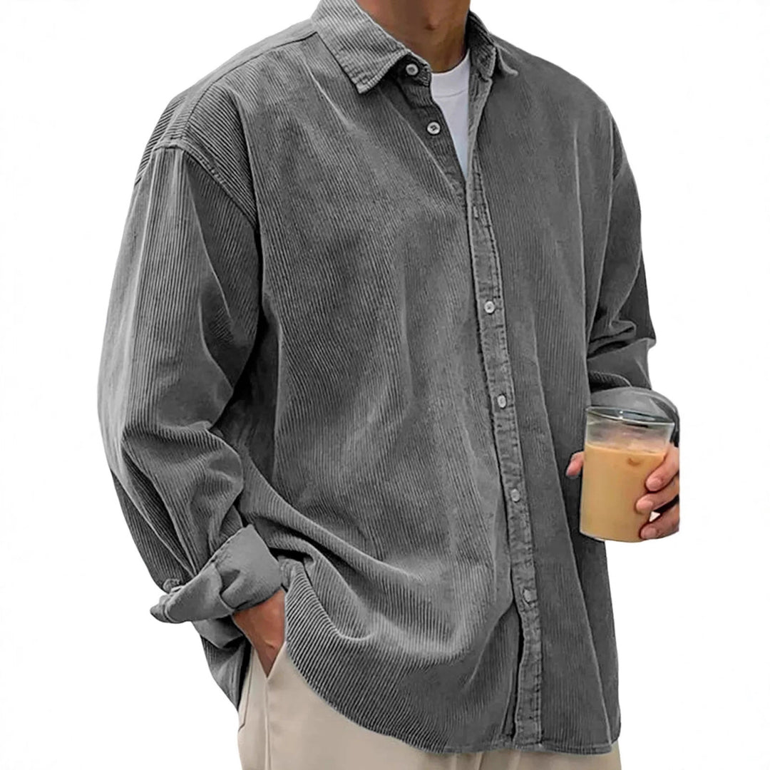Men's thick button-up shirt jacket, light gray corduroy texture, long sleeves