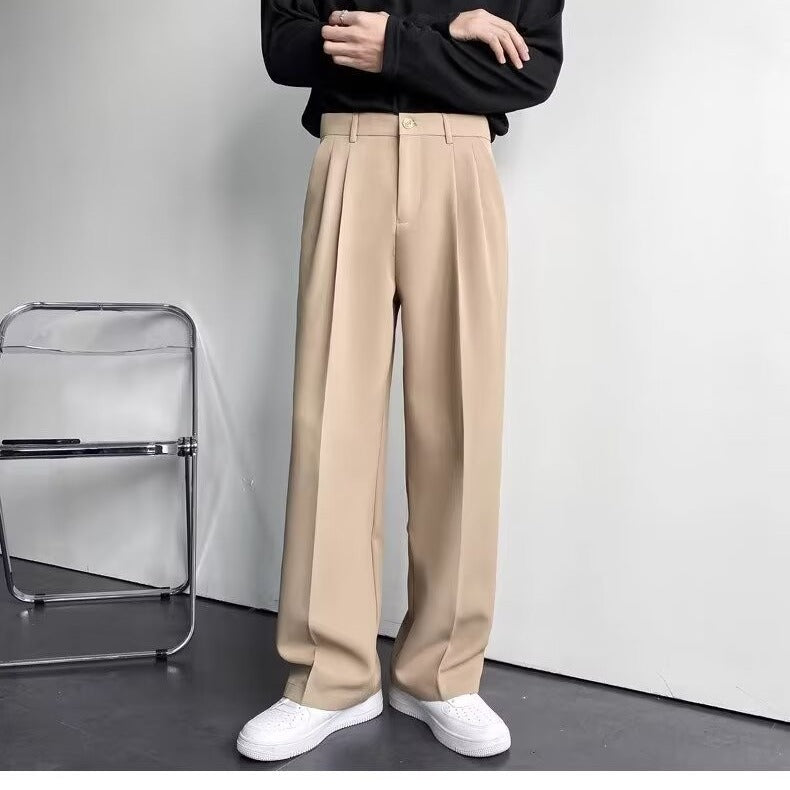 Men's khaki straight-leg suit trousers with pleats and belt loops
