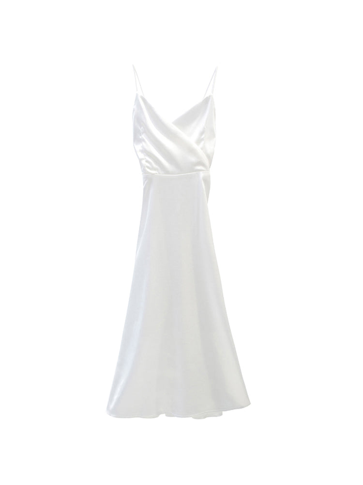 White Halter Dress With V-neck And Halter Back - WOMONA.COM