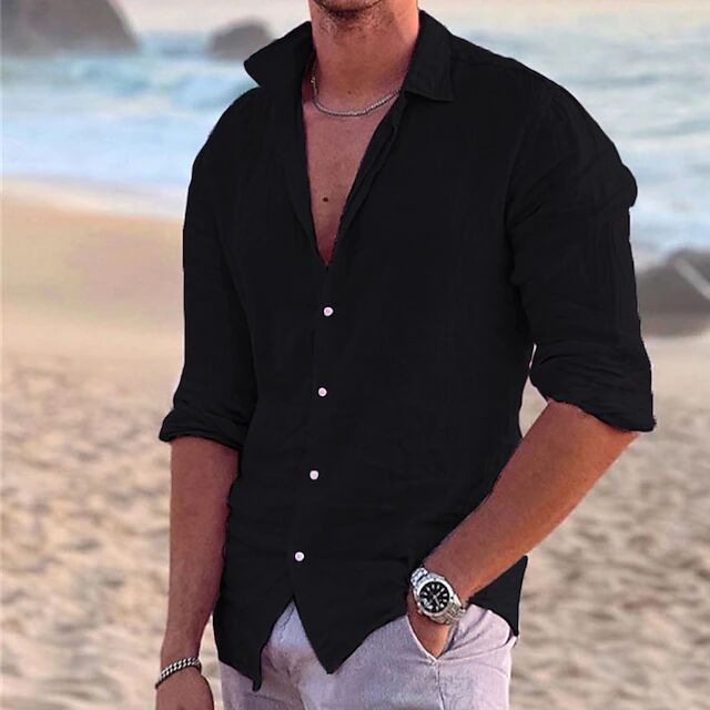 Black button-up shirt with pointed collar and button placket